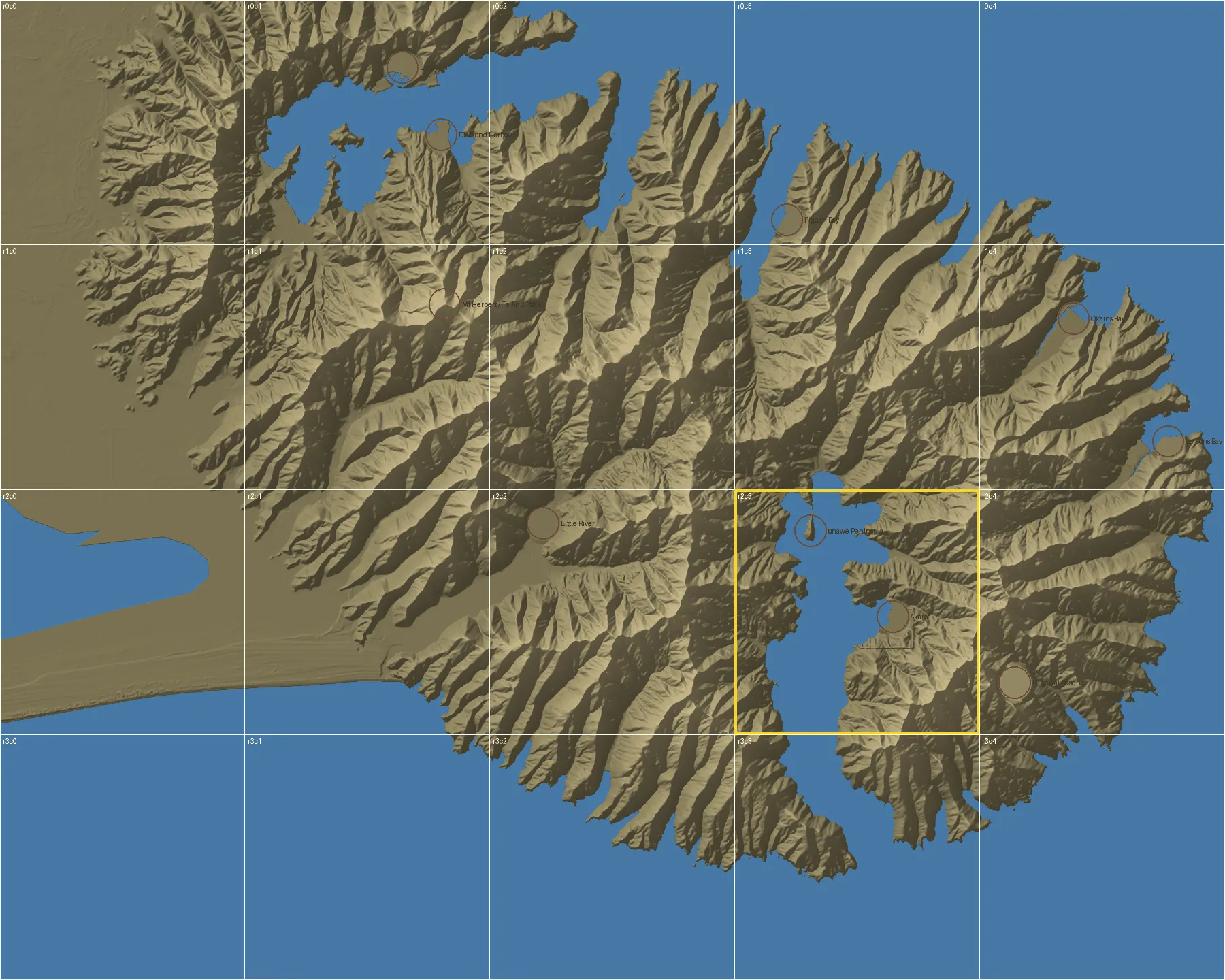 Shaded relief map of Banks Peninsula seen from above, sea in blue, ridges in sand tones, divided into a grid of 20 tiles with the Akaroa Harbour tile outlined in yellow.