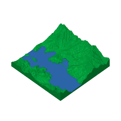 Render of one relief-map tile: Akaroa Harbour in blue between green hills.
