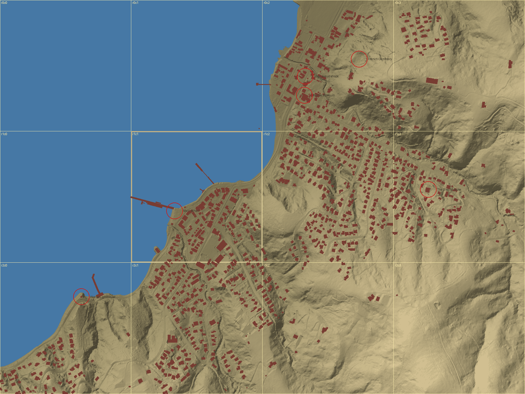 Shaded relief map of Akaroa from above: the harbour in blue, the town's buildings in red on sand-coloured hills, with a few landmarks circled and a grid of tiles over it.