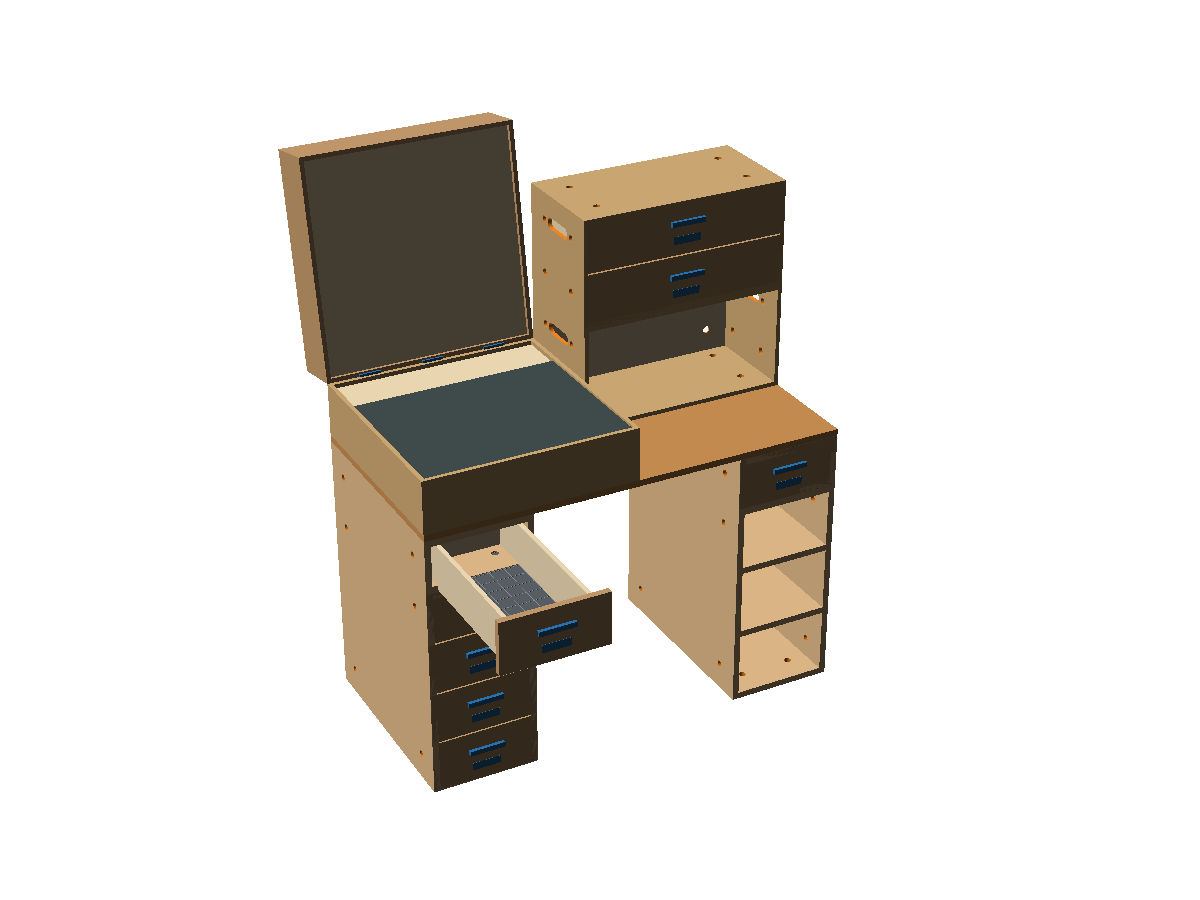CAD render of a plywood workstation made of stacked boxes: a laptop-style case opened on the bench, drawers with one pulled out showing small bins, and open shelves.