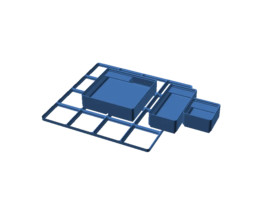 Render of a printed storage baseplate with three bins.