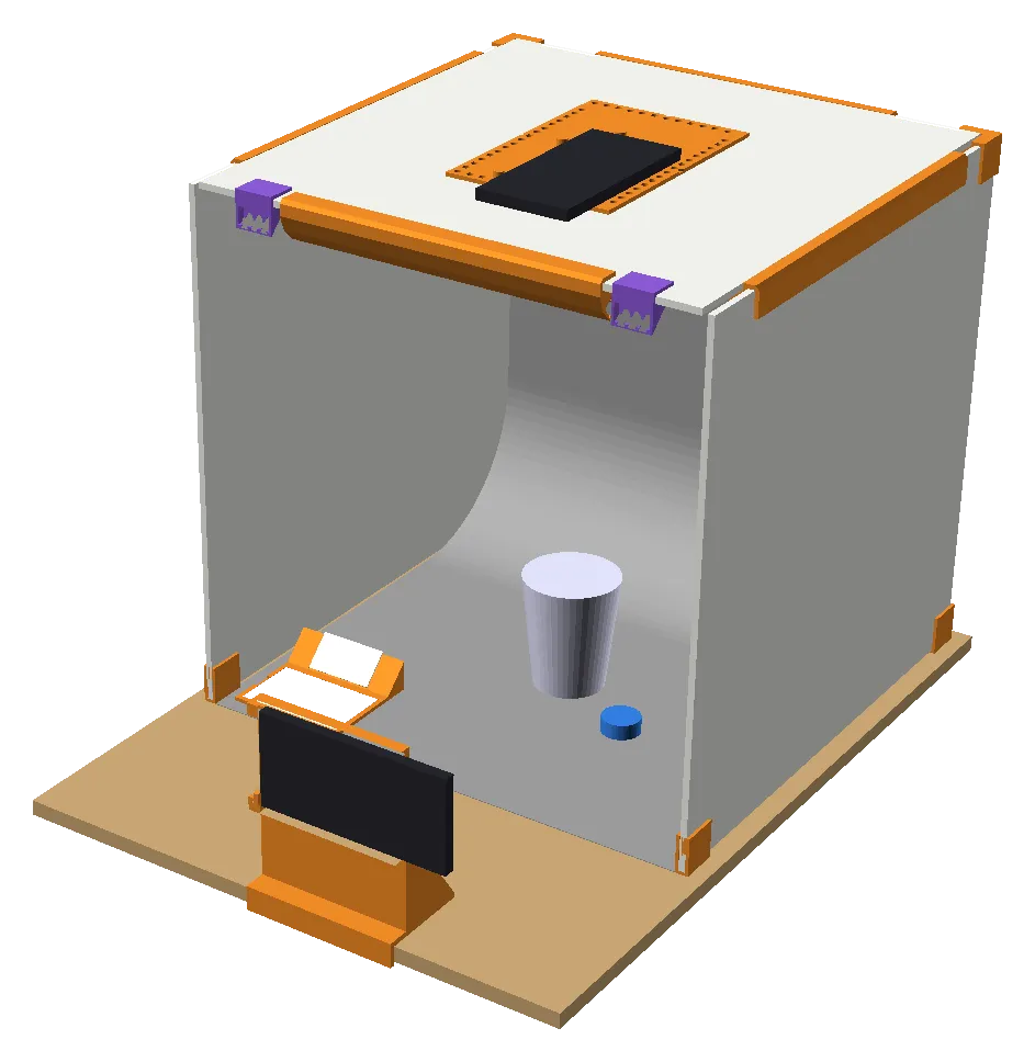 Render of the M0 intake booth: a small photo booth with a scale and a label printer.