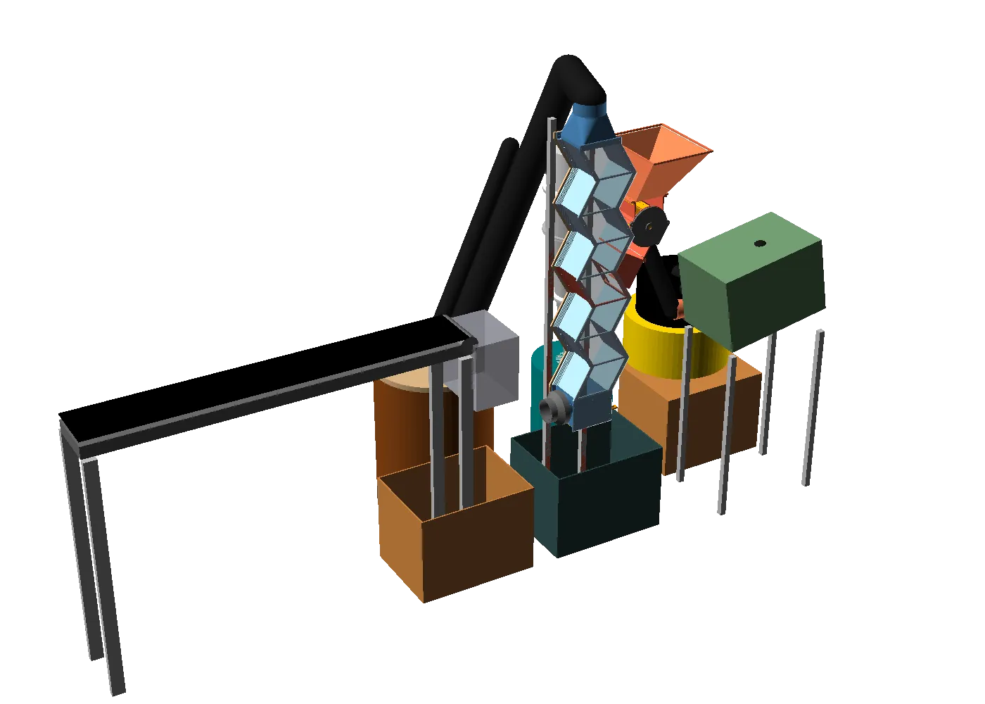 Render of the recycling line: conveyor, zig-zag air column, cyclone and collection bins.