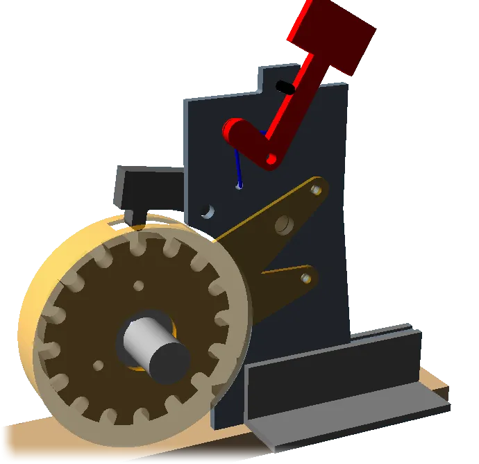 CAD render of the shredder's mechanical emergency stop, armed: a toothed lock wheel on the shaft, with a red pawl held up clear of its notches.