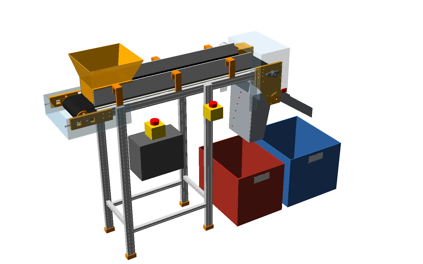 CAD render of a short conveyor belt on an aluminium frame, with a feed hopper, a magnetic head pulley, two collection bins and red emergency-stop buttons.